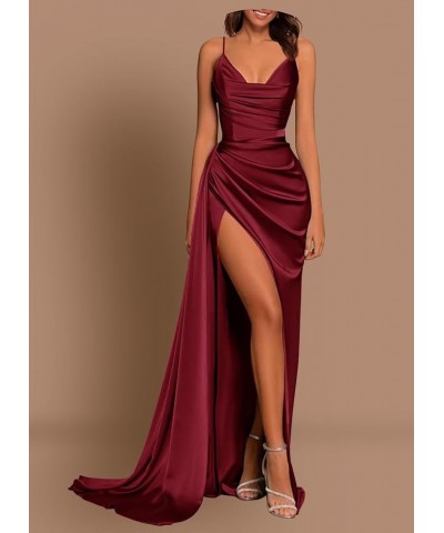 Spaghetti Strap Satin Prom Dresses for Women V Neck Slit Long Evening Party Dress with Train Mauve $36.75 Dresses