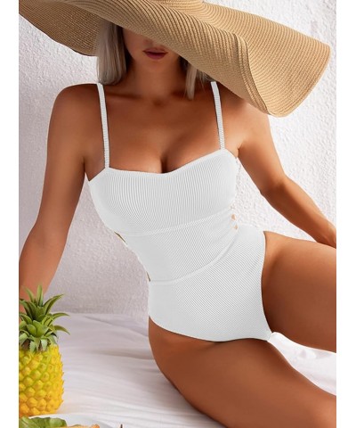 Women's Ribbed One Piece Swimwear Cutout Tummy Control Bathing Suit White $16.79 Swimsuits