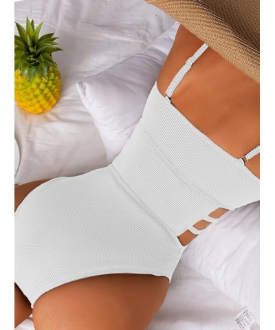 Women's Ribbed One Piece Swimwear Cutout Tummy Control Bathing Suit White $16.79 Swimsuits