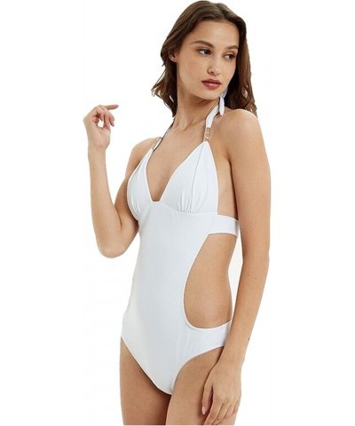 Women Sexy One Piece Swimsuits Halter Plunge V Neck Low Back Cutout Swimwear Av White $13.30 Swimsuits