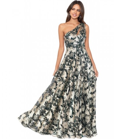 Women's Long Sleeveless One Shoulder Metallic Print Gown, Green/Gold $99.40 Dresses