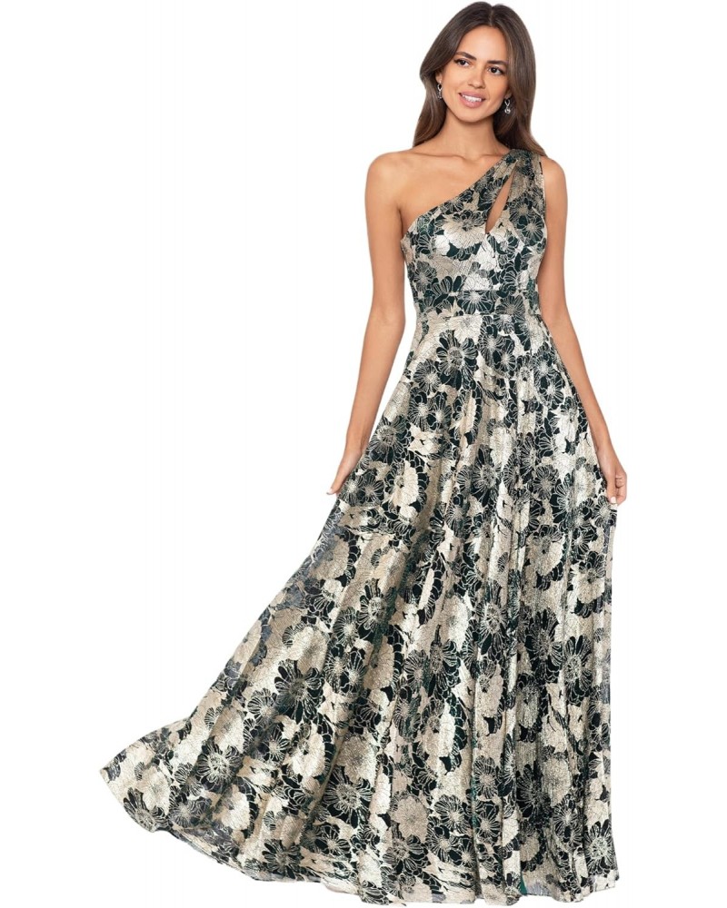 Women's Long Sleeveless One Shoulder Metallic Print Gown, Green/Gold $99.40 Dresses