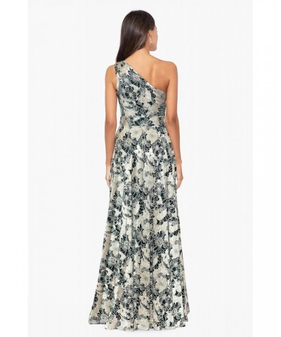 Women's Long Sleeveless One Shoulder Metallic Print Gown, Green/Gold $99.40 Dresses