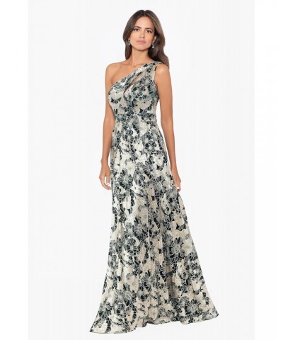 Women's Long Sleeveless One Shoulder Metallic Print Gown, Green/Gold $99.40 Dresses