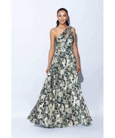 Women's Long Sleeveless One Shoulder Metallic Print Gown, Green/Gold $99.40 Dresses