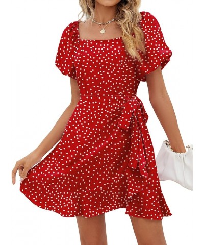 Womens Summer Tie Waist Dresses Square Neck Puff Sleeve Casual Dress 03-red Polka Dot $14.80 Dresses