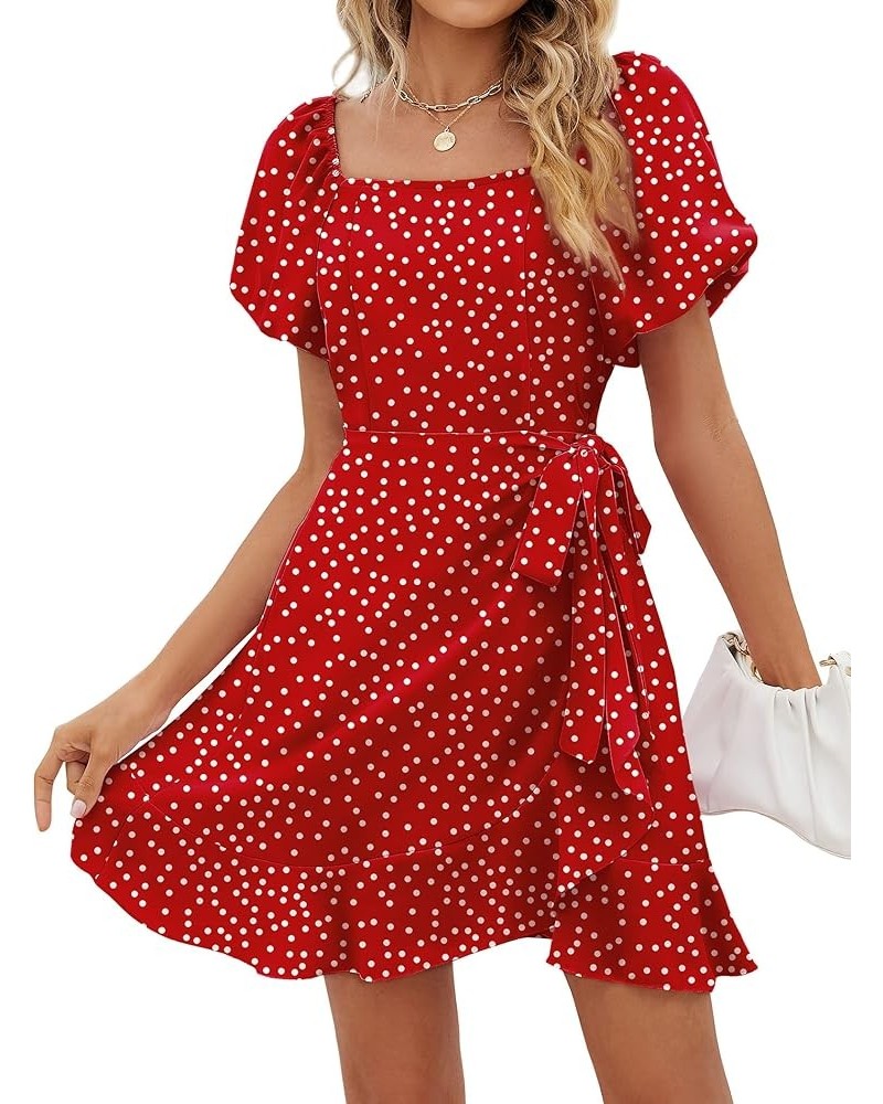 Womens Summer Tie Waist Dresses Square Neck Puff Sleeve Casual Dress 03-red Polka Dot $14.80 Dresses