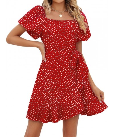 Womens Summer Tie Waist Dresses Square Neck Puff Sleeve Casual Dress 03-red Polka Dot $14.80 Dresses