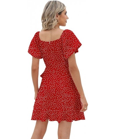 Womens Summer Tie Waist Dresses Square Neck Puff Sleeve Casual Dress 03-red Polka Dot $14.80 Dresses