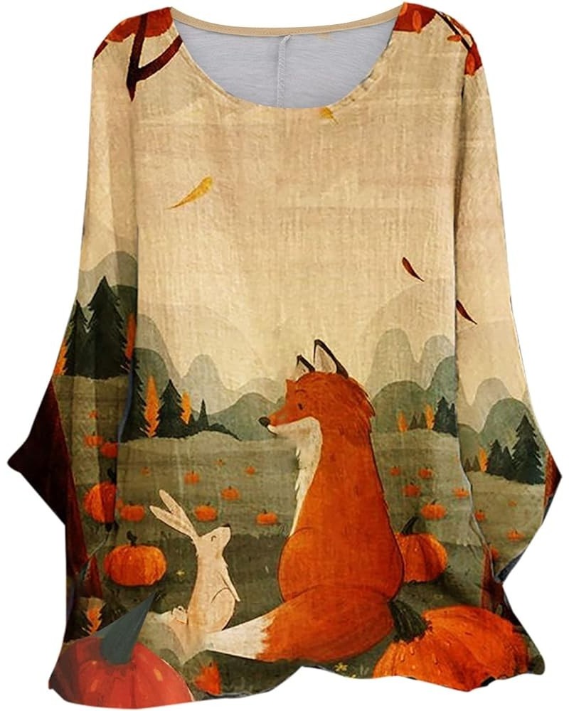 Plus Size Crew Neck Tops for Women Comfy Long Sleeve Flowy Shirts Cute Fox Bunny Landscape Print T Shirts Fall Fashion 2022 F...