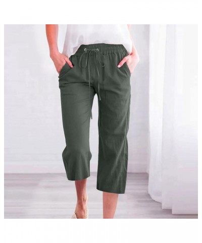 Women Solid Cotton Linen Capri Pants Drawstring Elastic Waist Cropped Pants with Pockets Summer Casual Comfy 01 Army Green $5...