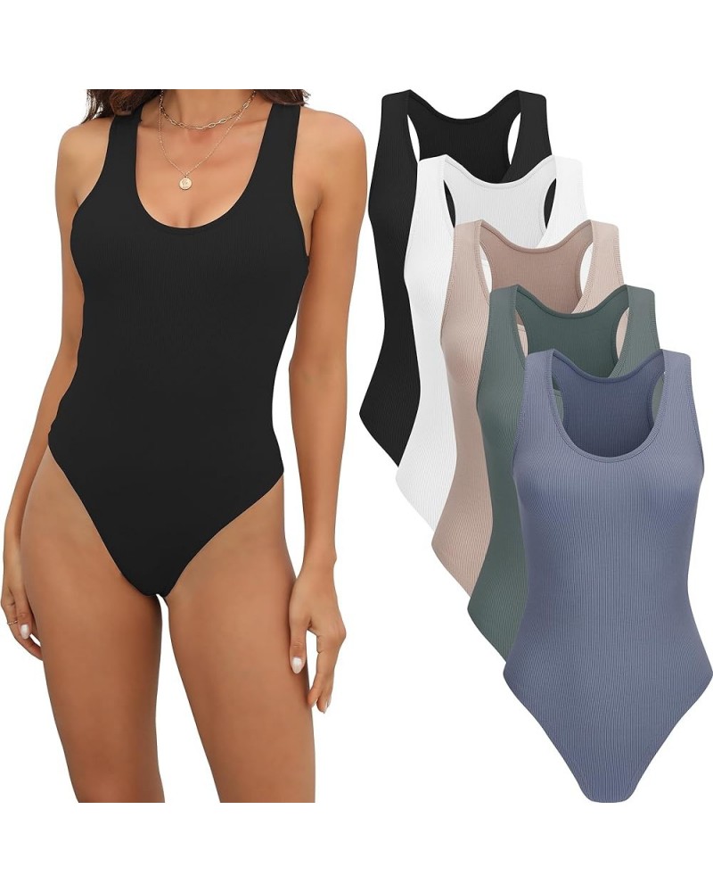 4/5 Pack Bodysuit for Women Ribbed Sleeveless Scoop Neck Tank Top Racerback Womens Bodysuit 5pack Black,white,nude,grey Green...