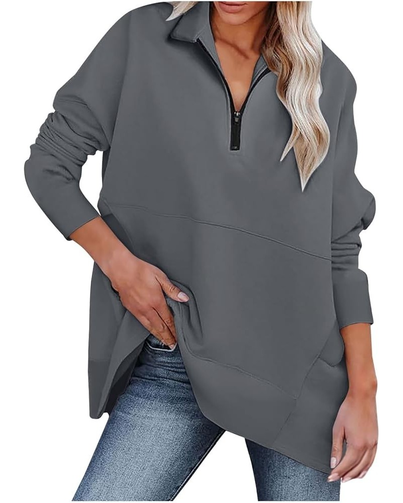 Half Zip Pullover Women Fall Solid Sweatshirts Loose Fit Long Sleeve Lapel Collar Trendy Tees Side Pockets Clothes A09-dark G...