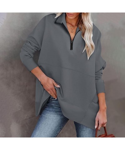 Half Zip Pullover Women Fall Solid Sweatshirts Loose Fit Long Sleeve Lapel Collar Trendy Tees Side Pockets Clothes A09-dark G...