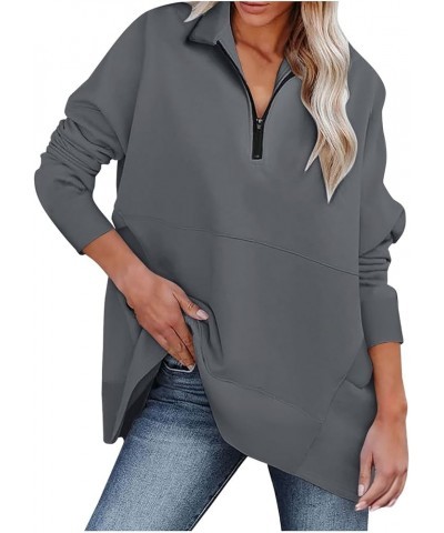 Half Zip Pullover Women Fall Solid Sweatshirts Loose Fit Long Sleeve Lapel Collar Trendy Tees Side Pockets Clothes A09-dark G...