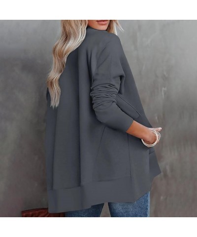 Half Zip Pullover Women Fall Solid Sweatshirts Loose Fit Long Sleeve Lapel Collar Trendy Tees Side Pockets Clothes A09-dark G...