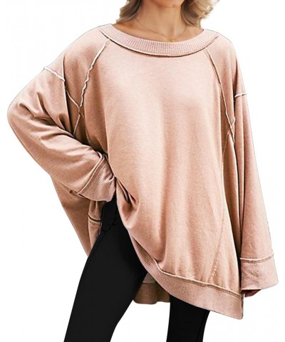 Women Oversized Vintage Long Sleeve Sweatshirt Round Neck Side Split Zipper Raglan Drop Shoulder Fall Pullovers Pink $16.34 H...