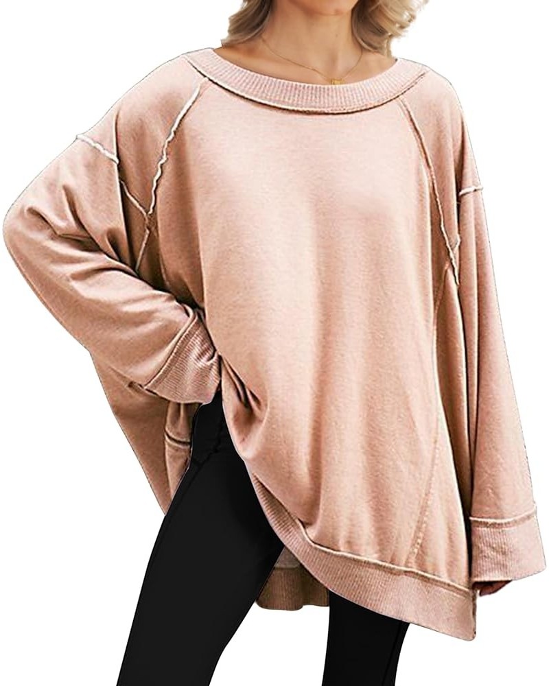 Women Oversized Vintage Long Sleeve Sweatshirt Round Neck Side Split Zipper Raglan Drop Shoulder Fall Pullovers Pink $16.34 H...