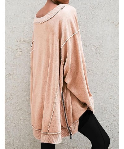 Women Oversized Vintage Long Sleeve Sweatshirt Round Neck Side Split Zipper Raglan Drop Shoulder Fall Pullovers Pink $16.34 H...