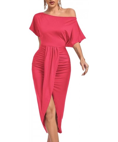 Women's One Off The Shoulder Ruched Wrap Front Split Hem Draped Party Midi Dress Rose Red $24.93 Dresses