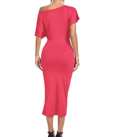 Women's One Off The Shoulder Ruched Wrap Front Split Hem Draped Party Midi Dress Rose Red $24.93 Dresses