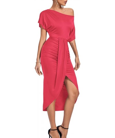 Women's One Off The Shoulder Ruched Wrap Front Split Hem Draped Party Midi Dress Rose Red $24.93 Dresses