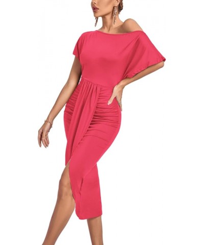 Women's One Off The Shoulder Ruched Wrap Front Split Hem Draped Party Midi Dress Rose Red $24.93 Dresses