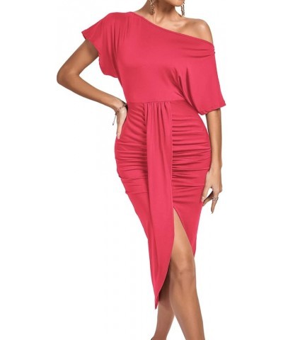 Women's One Off The Shoulder Ruched Wrap Front Split Hem Draped Party Midi Dress Rose Red $24.93 Dresses