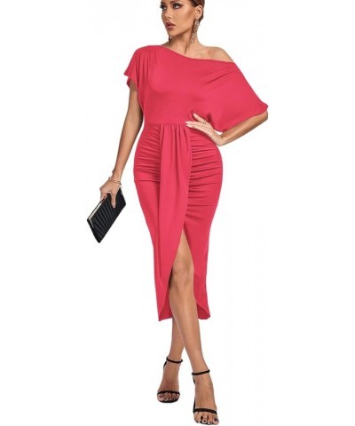 Women's One Off The Shoulder Ruched Wrap Front Split Hem Draped Party Midi Dress Rose Red $24.93 Dresses