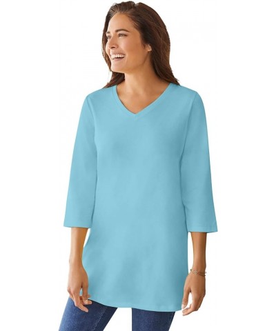 Women's Plus Size Perfect Three-Quarter Sleeve V-Neck Tunic Seamist Blue $14.22 Tops