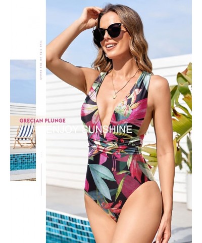 One Piece Swimsuits for Women High Waisted Bathing Suit Monokini Floral Print Cutout Racerback Zip Up Black Tropical $23.09 S...