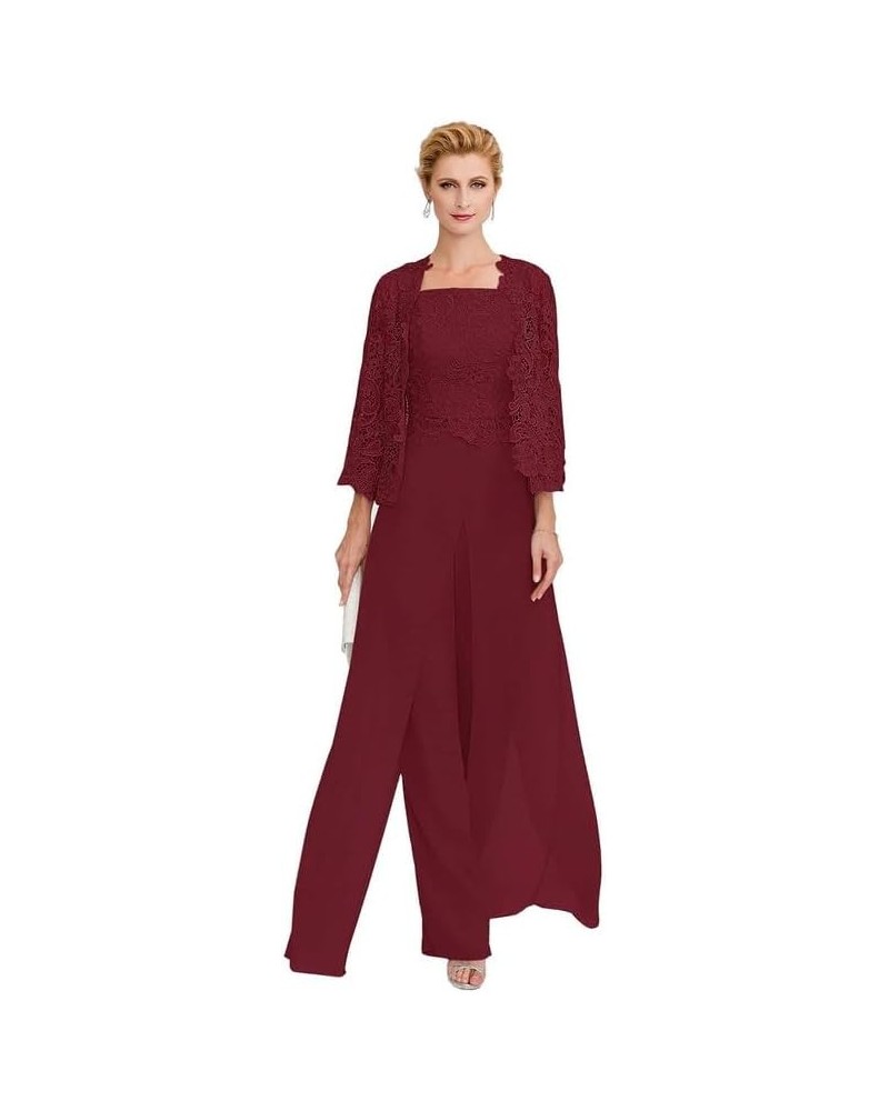 Grandmother of The Bride Dresses Pantsuits 3Pcs Outfit Jumpsuit Mother of The Groom Dresses Long Formal Evening Gowns Burgund...