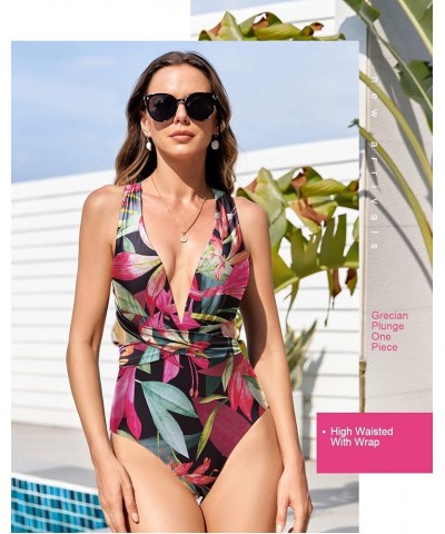 One Piece Swimsuits for Women High Waisted Bathing Suit Monokini Floral Print Cutout Racerback Zip Up Black Tropical $23.09 S...