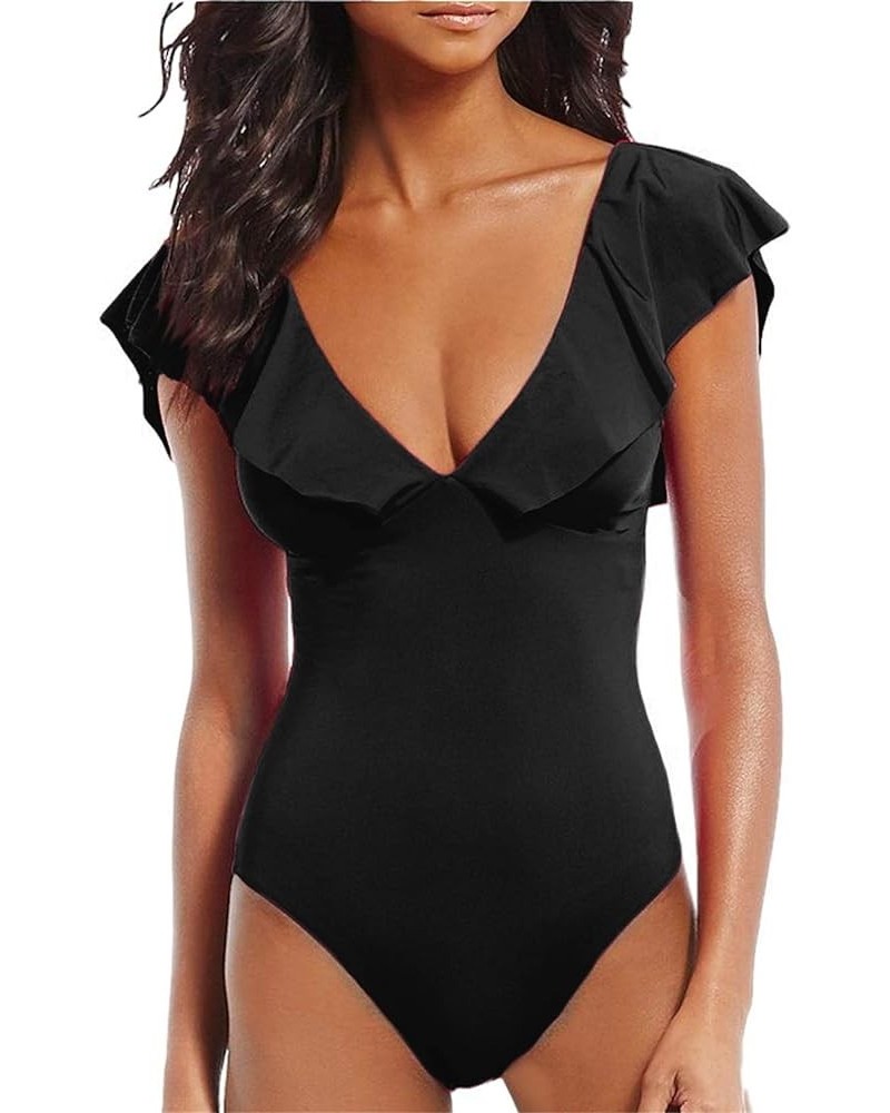 Women's Sexy V-Plunge One-Piece Swimsuit,Studio Solids Ruffle Sleeve Swimwear Bathing Suit Black $14.18 Swimsuits