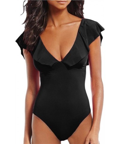 Women's Sexy V-Plunge One-Piece Swimsuit,Studio Solids Ruffle Sleeve Swimwear Bathing Suit Black $14.18 Swimsuits