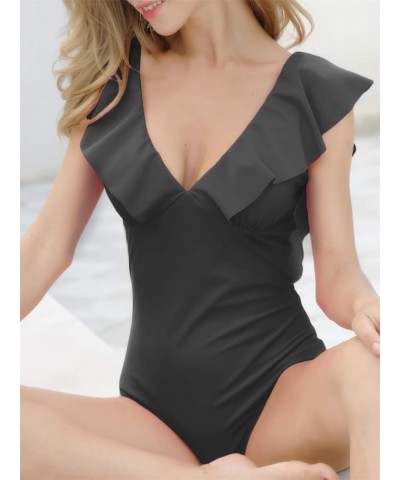 Women's Sexy V-Plunge One-Piece Swimsuit,Studio Solids Ruffle Sleeve Swimwear Bathing Suit Black $14.18 Swimsuits