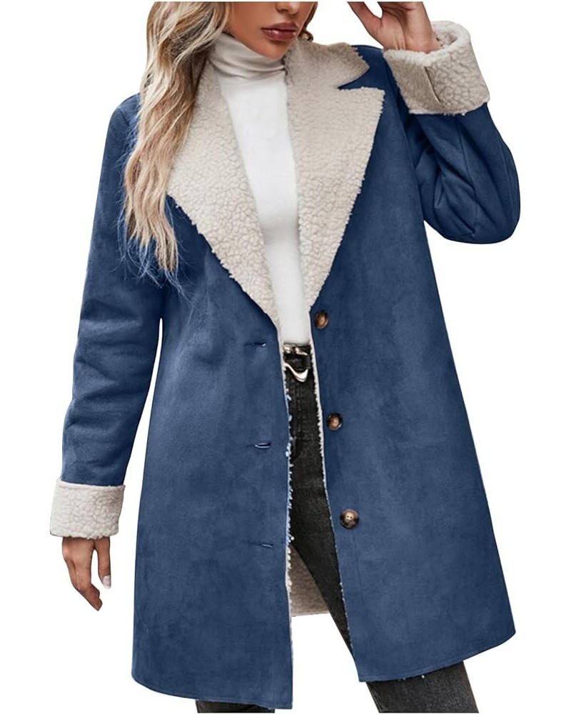 Womens Fleece Lined Jackets 2023 Winter Suede Coats Thickened Warm Sherpa Pea Coats Notch Lapel Vintage Outerwear A01-navy $1...