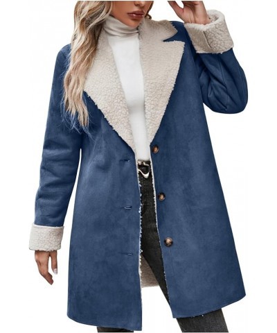 Womens Fleece Lined Jackets 2023 Winter Suede Coats Thickened Warm Sherpa Pea Coats Notch Lapel Vintage Outerwear A01-navy $1...