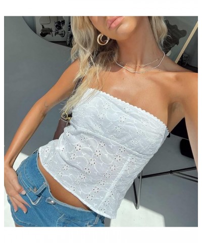 Women Strapless Tube Crop Tops Lace Trim Patchwork Off Shoulder Tops Summer Aesthetic Backless Hollow Out Vest J-white $7.66 ...