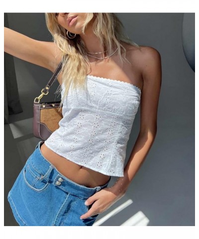 Women Strapless Tube Crop Tops Lace Trim Patchwork Off Shoulder Tops Summer Aesthetic Backless Hollow Out Vest J-white $7.66 ...