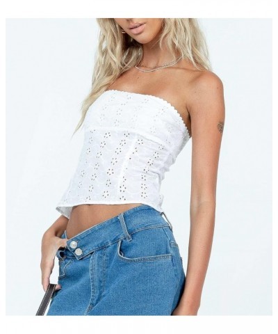 Women Strapless Tube Crop Tops Lace Trim Patchwork Off Shoulder Tops Summer Aesthetic Backless Hollow Out Vest J-white $7.66 ...