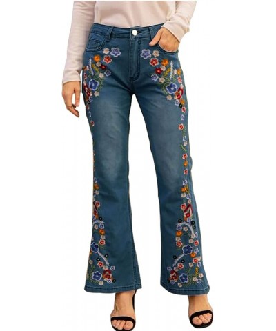 Womens Bell Bottom Embroidered Flare Jeans High Rise Fitted Retro Wide Leg Denim Pants 01-dark Blue $16.49 Jeans