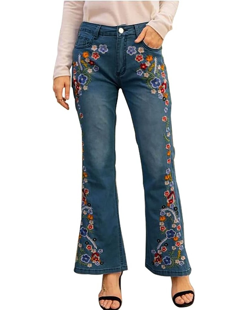 Womens Bell Bottom Embroidered Flare Jeans High Rise Fitted Retro Wide Leg Denim Pants 01-dark Blue $16.49 Jeans