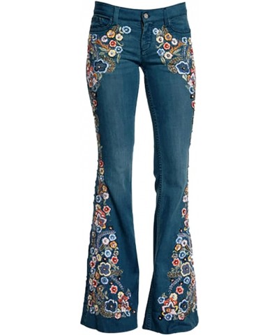 Womens Bell Bottom Embroidered Flare Jeans High Rise Fitted Retro Wide Leg Denim Pants 01-dark Blue $16.49 Jeans