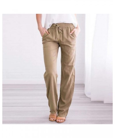 Women Cotton Linen Pants Elastic High Waisted Palazzo Loose Fit Pants Summer Casual Straight Leg Loose Trousers Pant 1khaki $...