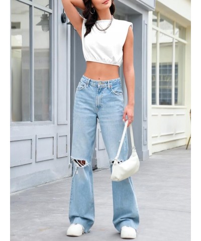 Womens Sleeveless Tank Tops Casual Summer Loose Fit Crew Neck Shoulder Pads T Shirts Y2k Going Out Crop Tops White $10.99 Tanks