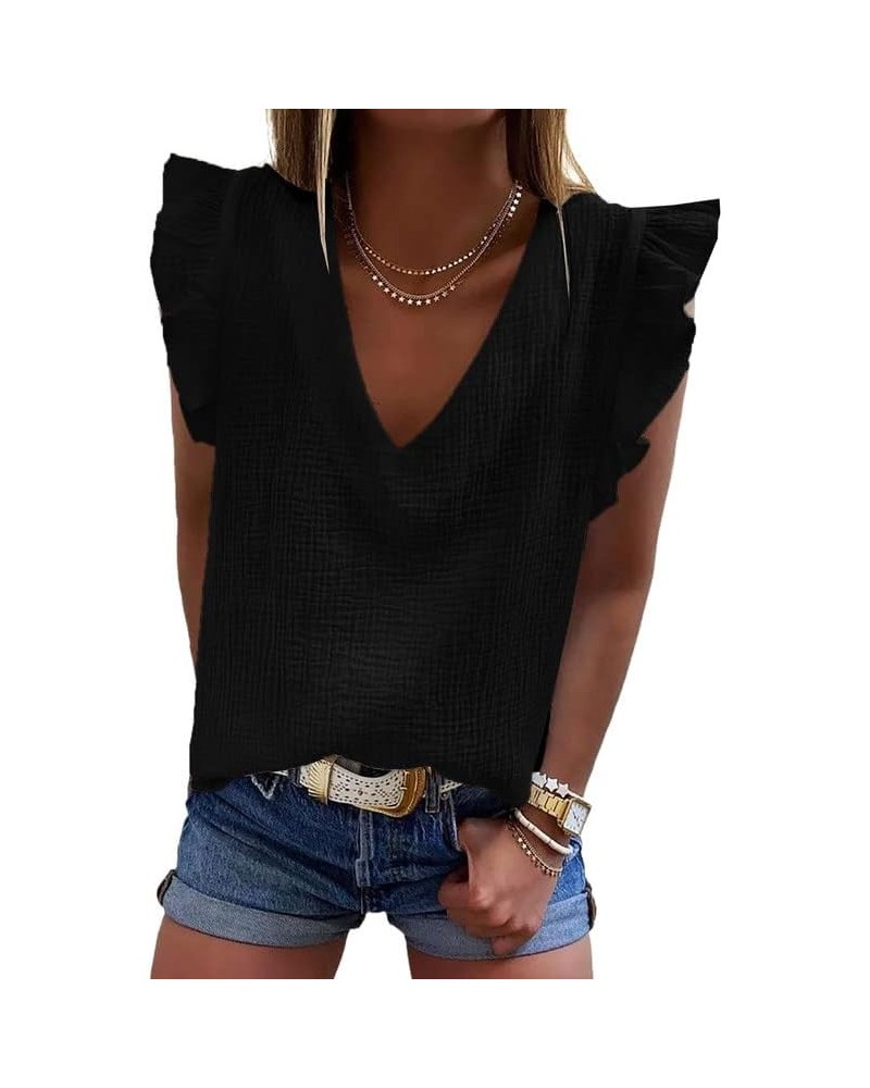 Womens 2024 Cute V Neck Ruffle Sleeveless Shirts Elegant Tank Tops Blouses Black $10.41 Tanks