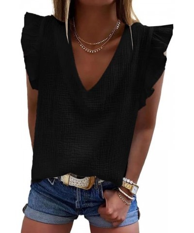 Womens 2024 Cute V Neck Ruffle Sleeveless Shirts Elegant Tank Tops Blouses Black $10.41 Tanks