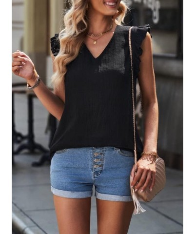 Womens 2024 Cute V Neck Ruffle Sleeveless Shirts Elegant Tank Tops Blouses Black $10.41 Tanks