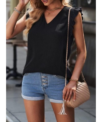 Womens 2024 Cute V Neck Ruffle Sleeveless Shirts Elegant Tank Tops Blouses Black $10.41 Tanks